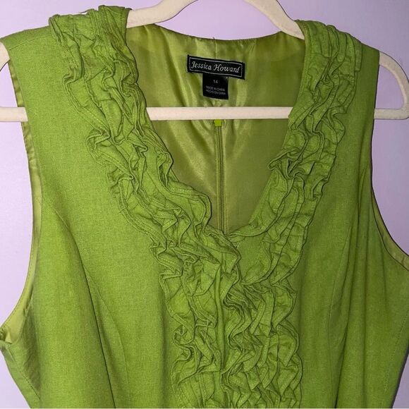 Jessica Howard Dress Size 14 Linen Blend Green Ruffle V Neck Pleated A Line - Picture 2 of 9